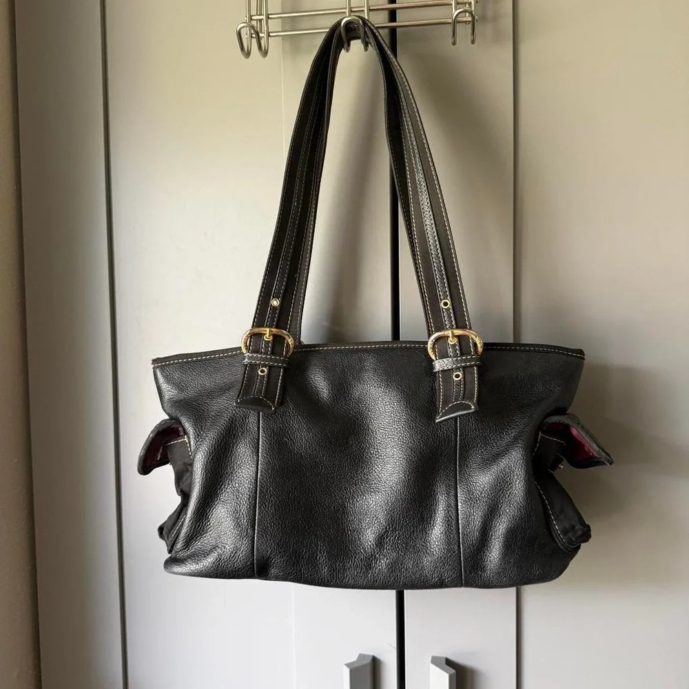 The Sak Women's Black Leather Shoulder Bag Multi Pocket Utility Y2K Boho Tote